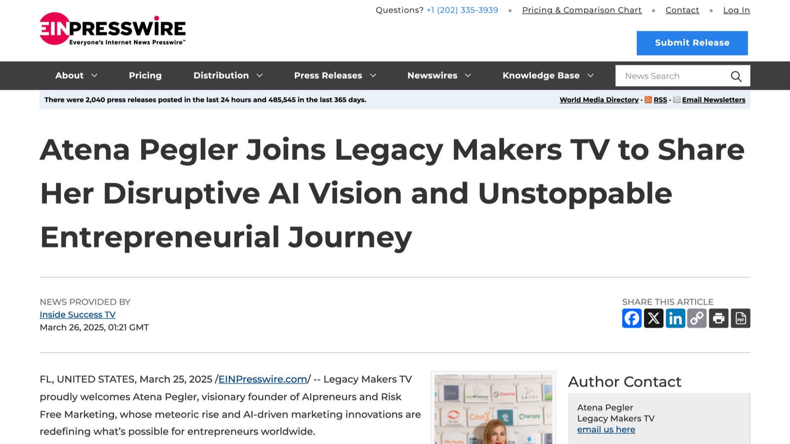 Screenshot of the EIN Presswire article page, showing the headline Atena Pegler Joins Legacy Makers TV to Share Her Disruptive AI Vision and Unstoppable Entrepreneurial Journey.