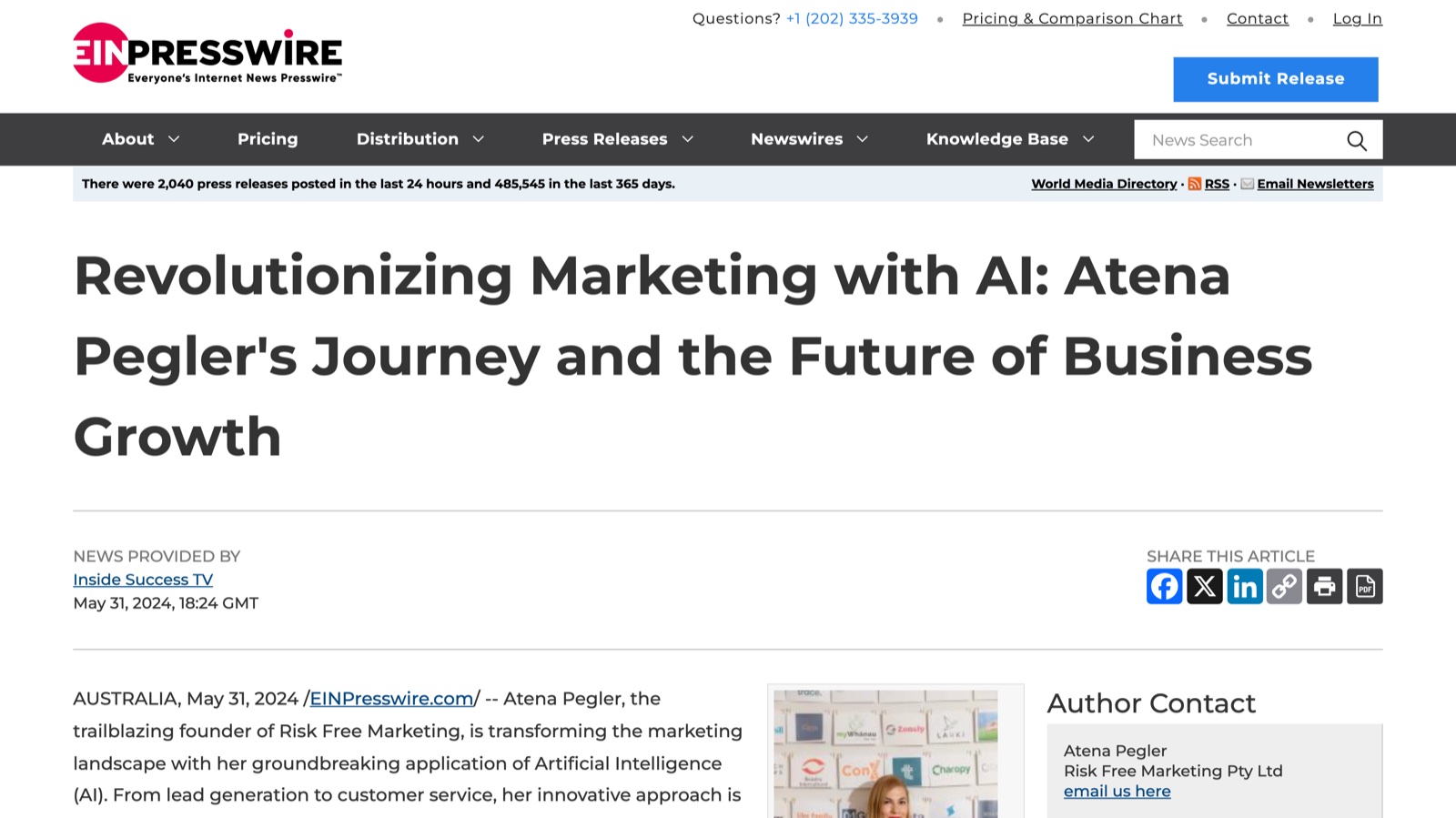 Screenshot of the EIN Presswire article page, showing the headline Revolutionizing Marketing with AI: Atena Pegler's Journey and the Future of Business Growth.